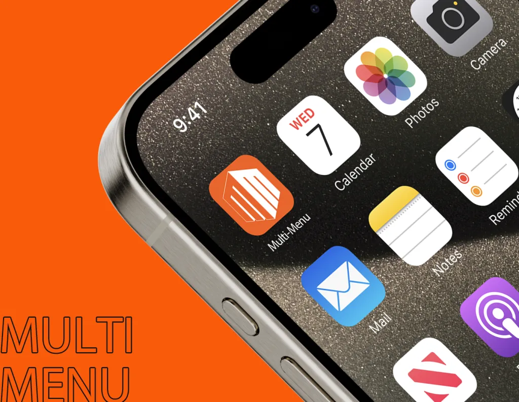iPhone screen displaying Multi-Menu app with orange icon among other utility apps like Calendar, Photos, Mail, and Notes