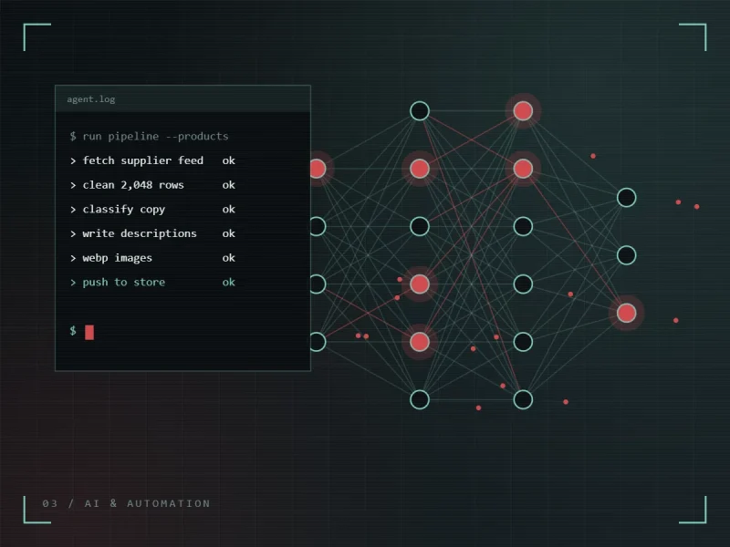 Terminal window showing completed pipeline steps with network graph visualization of AI nodes and connections
