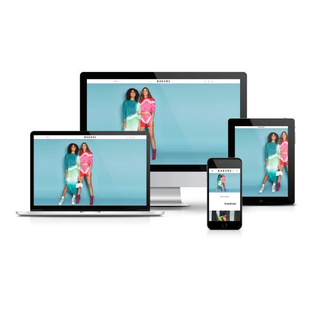 Bakers Shoes website displayed on laptop, tablet, and smartphone screens showing two models in colorful athletic wear.