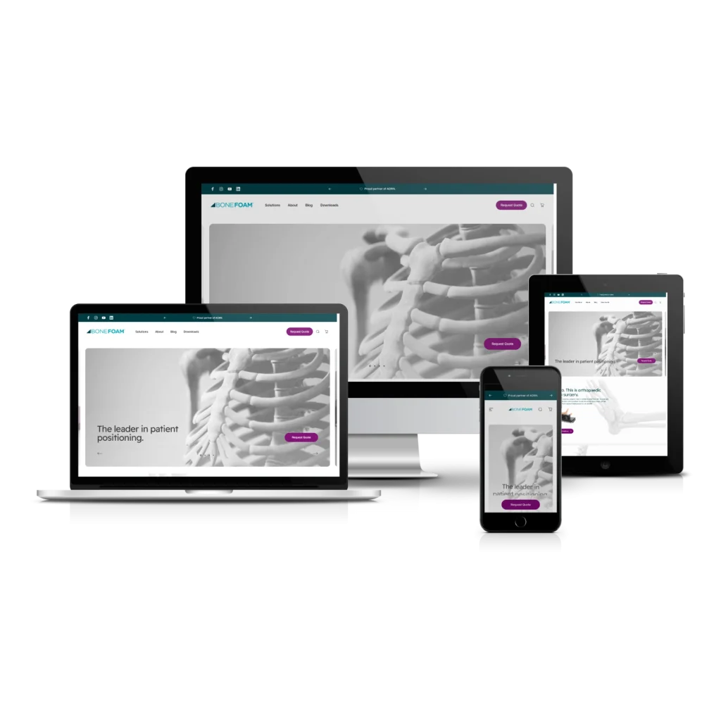 BoneFoam website displayed responsively across laptop, desktop monitor, tablet, and smartphone screens showing medical positioning content