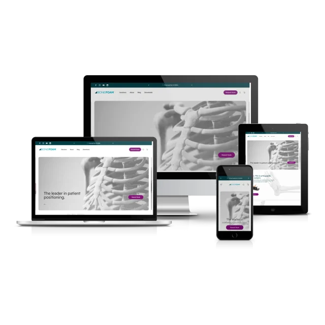 BoneFoam website displayed responsively across laptop, desktop monitor, tablet, and smartphone screens showing medical positioning content