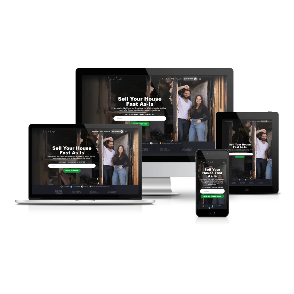 Responsive website mockup showing 'Sell Your House Fast As-Is' landing page displayed on laptop, desktop, tablet, and mobile devices