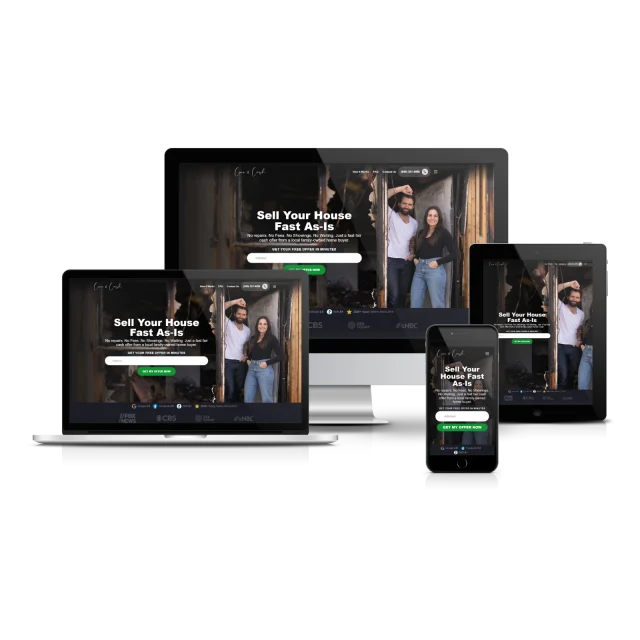 Responsive website mockup showing 'Sell Your House Fast As-Is' landing page displayed on laptop, desktop, tablet, and mobile devices