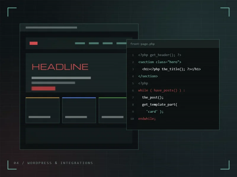 WordPress theme development code showing PHP front-page template with HTML structure and template loop