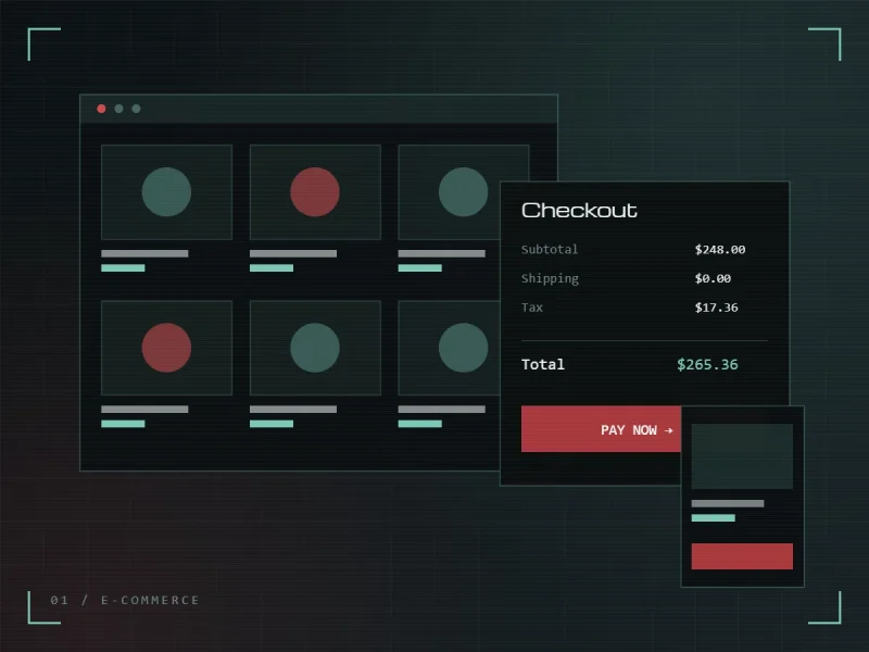 E-commerce checkout interface showing product grid with colored circles and payment summary displaying $265.36 total