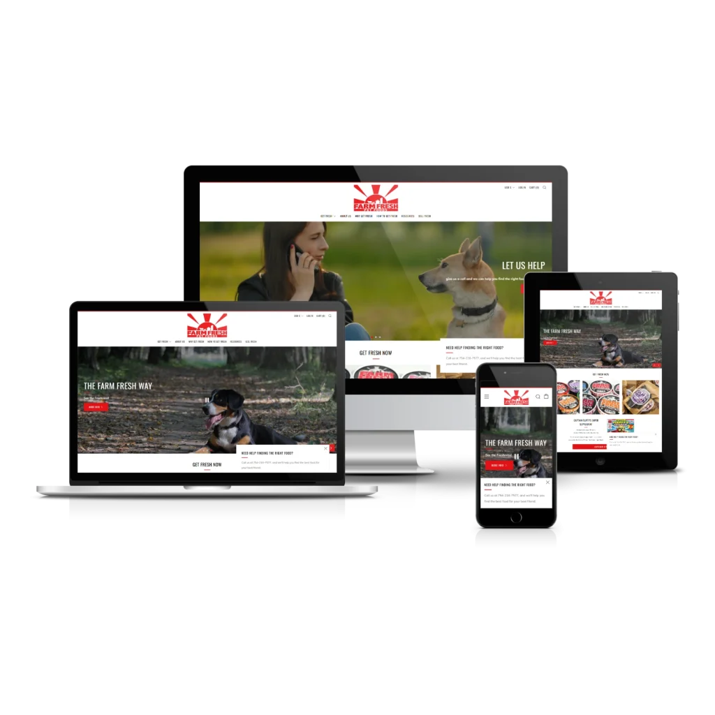 Farm Fresh website displayed across multiple devices including laptop, tablet, and smartphone showing responsive design