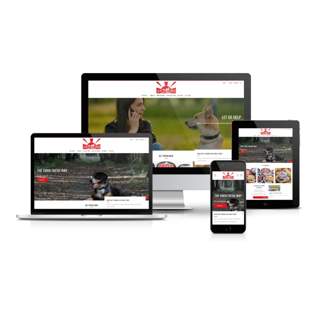 Farm Fresh website displayed across multiple devices including laptop, tablet, and smartphone showing responsive design