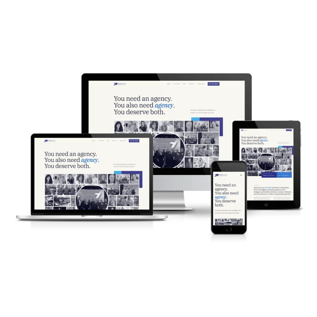 Responsive website mockup displaying agency landing page across laptop, desktop, tablet, and mobile devices