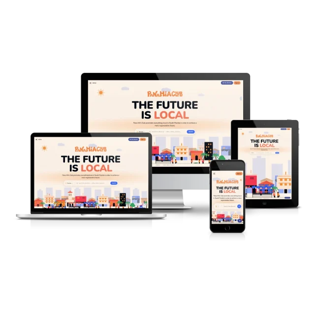 Pana MIA Club website displayed responsively across laptop, desktop monitor, tablet, and mobile phone devices showing 'The Future Is Local' homepage design.