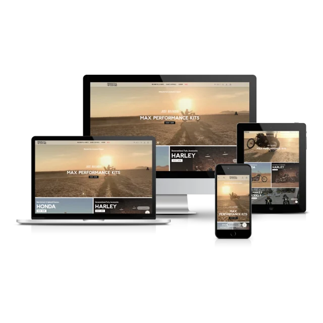Responsive website design mockup showing MAX PERFORMANCE KITS for Honda and Harley displayed across desktop, tablet, and mobile devices