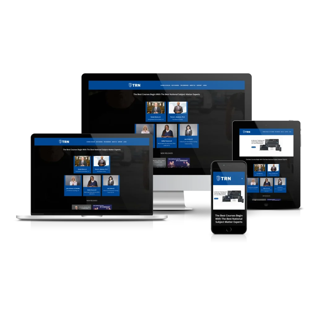 TRN website displayed across laptop, desktop monitor, tablet, and smartphone screens showing responsive design with course offerings and subject matter experts.