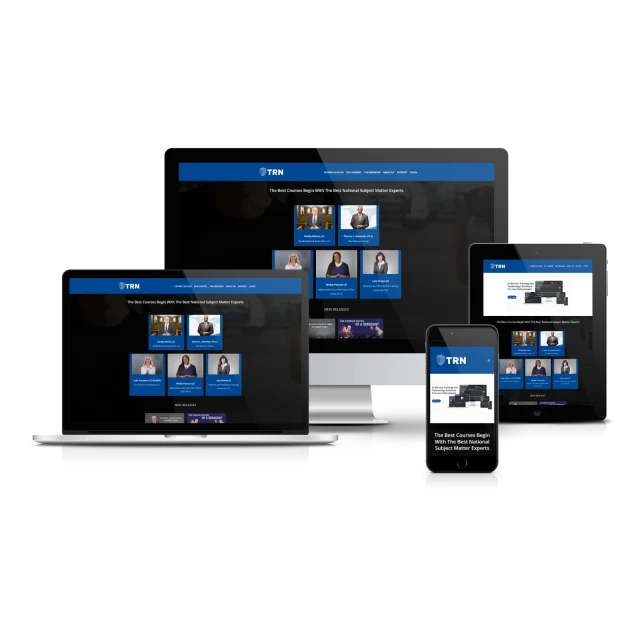 TRN website displayed across laptop, desktop monitor, tablet, and smartphone screens showing responsive design with course offerings and subject matter experts.
