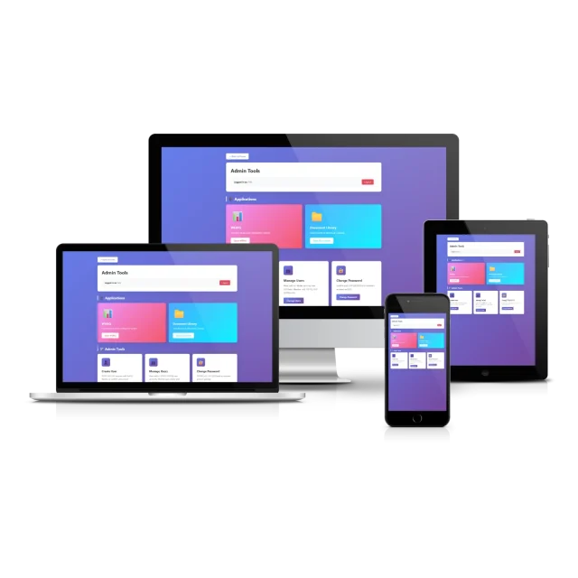 Admin Tools dashboard displayed responsively across laptop, desktop monitor, tablet, and smartphone screens with purple gradient background and colorful application cards.