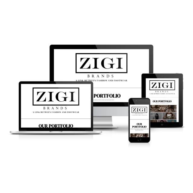 ZIGI Brands portfolio website displayed across multiple devices including laptop, desktop monitor, tablet, and smartphone